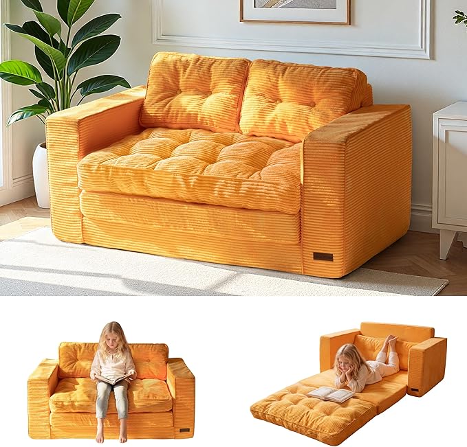 MAXYOYO Convertible Sofa Bed, Pull Out Loveseat Sleeper Sofa, 2 in 1 Folding Couch Bed, Fold Out Floor Couch with Pillows for Living Room Bedroom Lounge, Orange