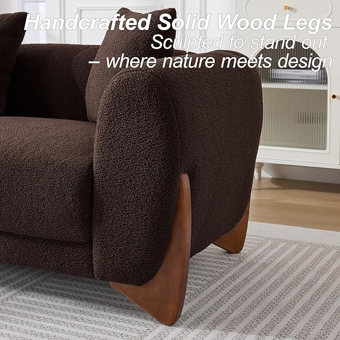 87" Sherpa Boucle Cloud Couch Modern 3 Seater Sofa with Solid Wood Legs, 25" Extra Deep Seat, Comfy Thick Cushion Upholstered Sofa Couches with 3 Pillows for Living Room, Brown