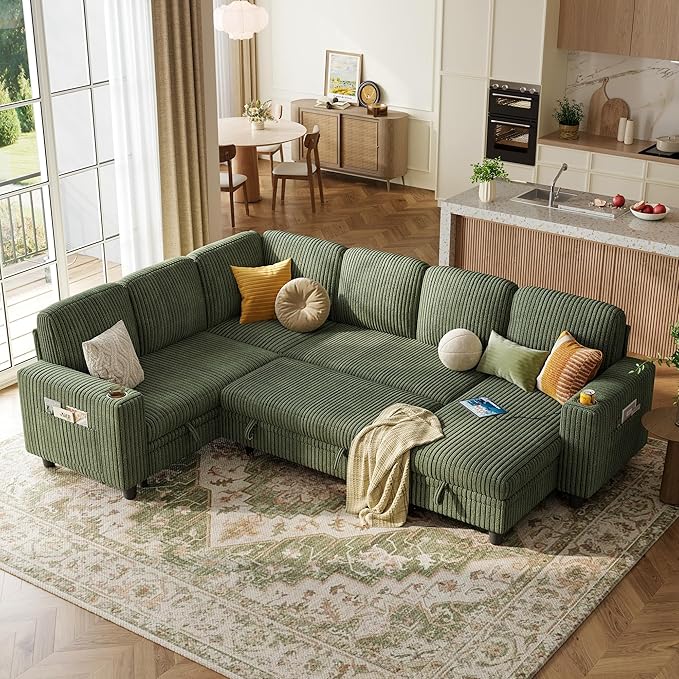 LINSY HOME Sectional Sleeper Sofa Pull Out Couches for Living Room (Green, Sleeper Sofa 4) | Pull Out Sofa Bed, Storage, USB Charging, Cup Holders, Plush Corduroy