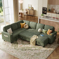 LINSY HOME Sectional Sleeper Sofa Pull Out Couches for Living Room (Green, Sleeper Sofa 4) | Pull Out Sofa Bed, Storage, USB Charging, Cup Holders, Plush Corduroy