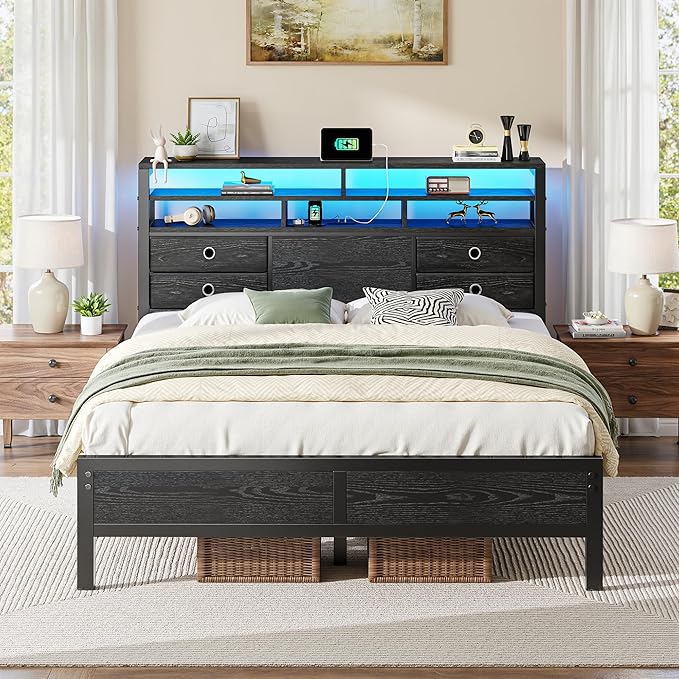 Homkdom Full Size Bed Frame with 2-Tier Storage Headboard and 4 Drawers,Bed Frame Full with LED Lights & Charging Ports,13.6" Under Bed Storage,Metal Full Bed 1100LBS Heavy Duty,No Noise,Modern Black