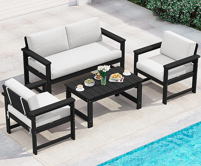 SERWALL 4-Piece Outdoor Patio Sofa Set, HDPE All-Weather Loveseat Sofa with Cushions & Coffee Table, Black Frame & Khaki Cushions