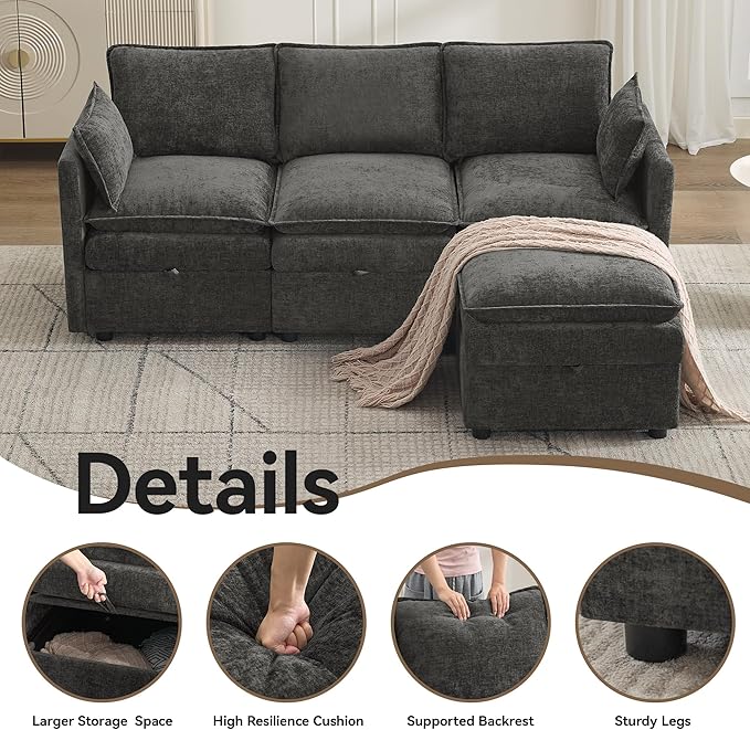 80" Cloud Modular 3 Seater Sofa with Storage Ottoman, Modern Upholstered Storage Sofa Couch Deep Seat, L Shape Sectional Sofa Chenille Comfy Couch with Armrests for Living Room, Small Space, Dark Grey | Cloud Sofa, Storage Ottoman, Storage Sofa, Deep S...