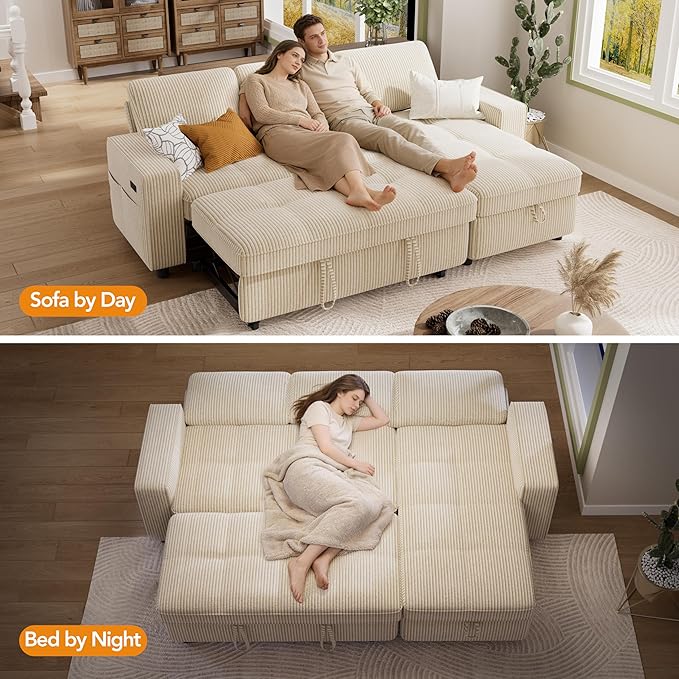 Vipbear Sectional Sleeper Couch with Pull Out Sofa Bed, L Shaped Plush Corduroy Couch with Reclining Backrest & Storage & USB Charging, Convertible Cloud Sectional Sofa Bed for Living Room, Beige | Breathable material, Tool-Free Assembly, Reclining Bac...