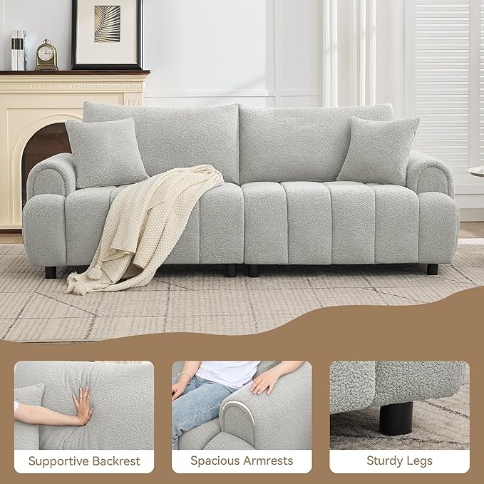 88 "Modern Boucle Sofa Couch, Oversized Comfy 3 Seater Sherpa Curved Sofas Deep Seat, Upholstered Loveseat Teddy Round Arm Couches for Living Room, Bedroom, Light Grey