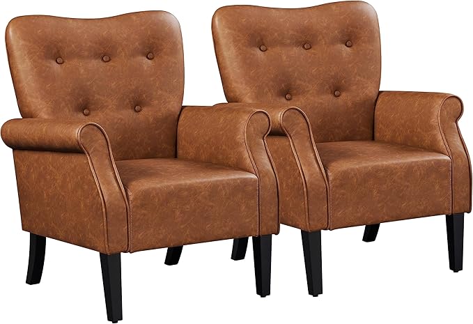 Yaheetech Modern Armchair, Mid Century PU Leather Accent Chair with Sturdy Wood Legs and High Back for Small Space, Upholstered Club Sofa for Living Room/Bedroom, Set of 2, Retro Brown