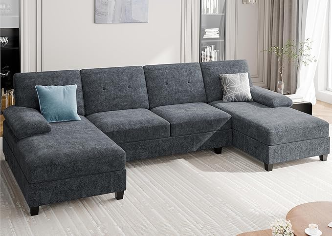 Meilocar Sectional Couches for Living Room, U Shaped Couch 4 Seat Sectional Sofa with Chaise and Armrests, Comfortable Fabric Large Sofa for Apartment (Grey)