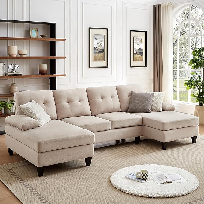 111" Sectional Couch for Living Room, Modern Polyester Fibre U Shaped Sofa Couches with Double Chaise, Upholstered 4 Seater Sofa for Living Room, Apartment, Office, Beige