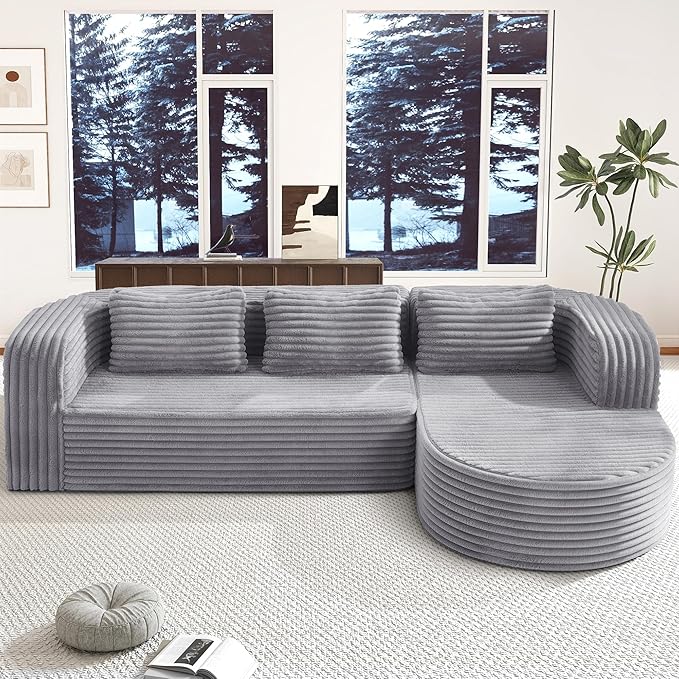 Hobestluk 96" Cloud Sectional Couch Modern Boneless Couch 3 Seater with Oversized Chaise L Shaped Modular Sofa for Living Room Apartment No Assembly Required (Stripe Lightgrey,Right Facing Chaise)