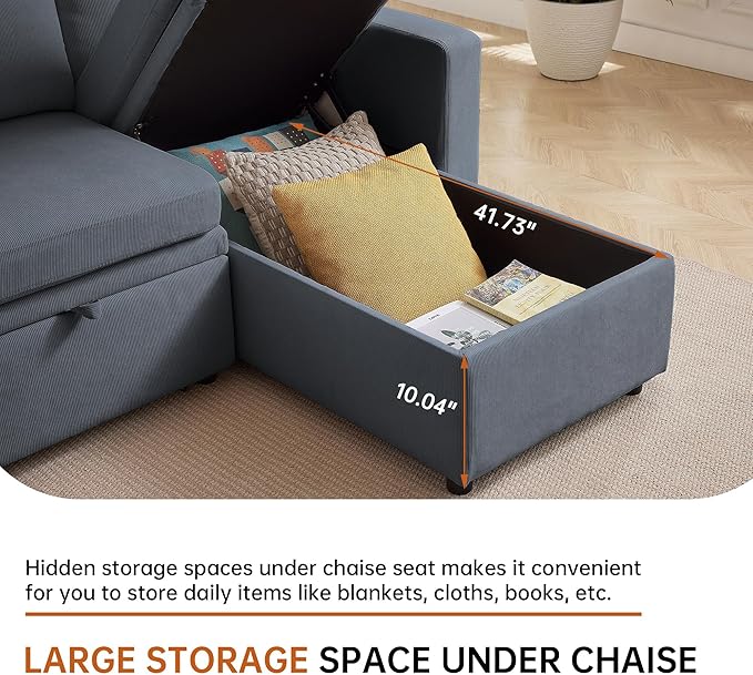 Sleeper Sofa Bed, Convertible L Shaped Sofa | Pull Out Bed with Reversible Storage Chaise | Layered Storage | Side Pockets | 3-Seater Comfy 79" Sectional Pullout Couch for Living Room, Dark Grey