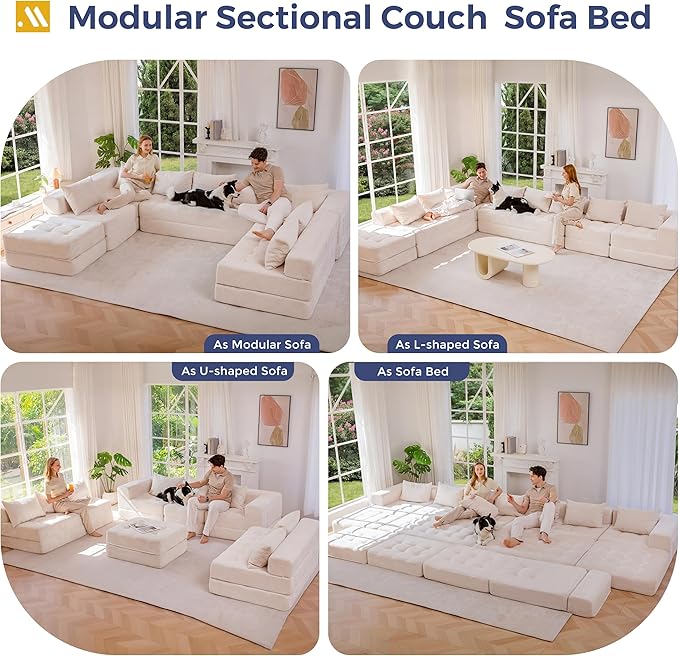 MAXYOYO Modular Sectional Sofa Couch, Foldable Oversized U Shaped Cloud Couch with Pillows, Tufted Boneless Sleeper Lounger Floor Sofa Bed for Living Room, No Assembly Required, Beige