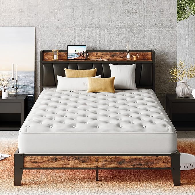 LIKIMIO Full XL Bed Frame, Storage Headboard with Charging Station, Solid and Stable, Noise Free, No Box Spring Needed, Easy Assembly(Vintage and Black)
