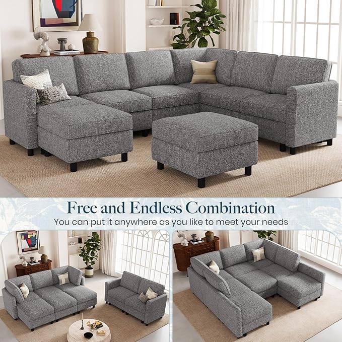 Belffin 107.1" 8 Seats U Shaped Couch Modular Sectional Sofa Seat Couch with Storage Comfy Washable Sectional Couches for Living Room Sofas Set with Chaise,Grey