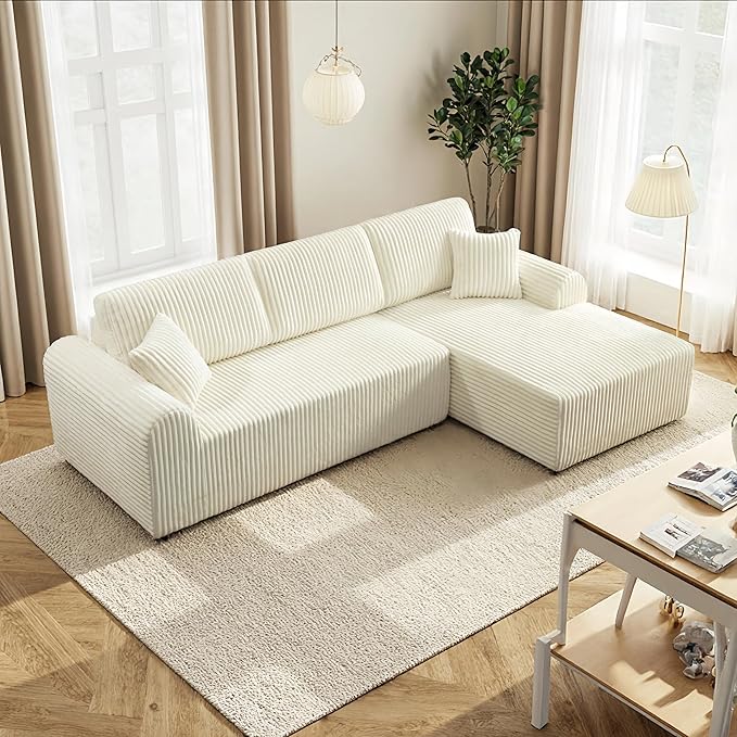 109“L-Shaped Sectional Sofa Boneless Couch Upholstery Cloud Modular Couch with Chaise No Assembly Required Corduroy Fabric Combination Deep Seat Living Room Bedroom(Cream, Right Hand Facing)