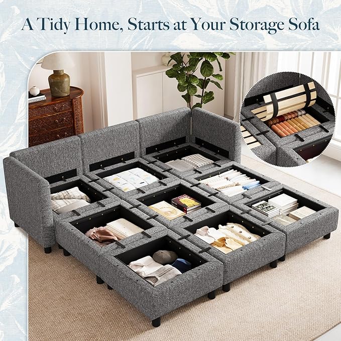 Belffin 84.3" 9 Seats Sleeper Sofa Modular Sectional Sofa Washable Sectional Couches for Living Room Comfy Couches with Storage Seat Couch Sofas with Chaise,Grey