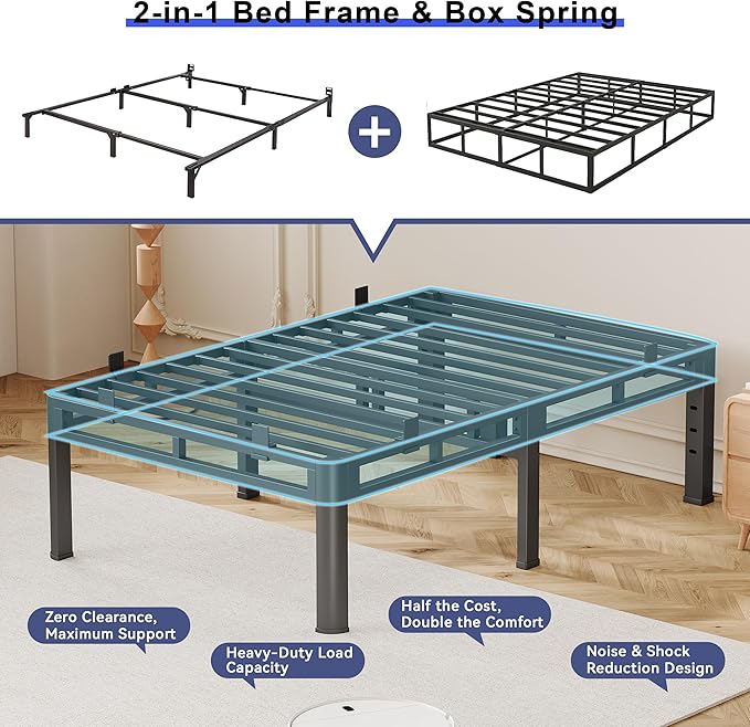 Twin Size Bed Frames 24 Inch Tall, No Box Spring Needed, Double Layer Heavy Duty Metal Platform, Bed Frames with Headboard Holes,Round Corner Legs, Mattress Slide Stopper, Easy Assembly