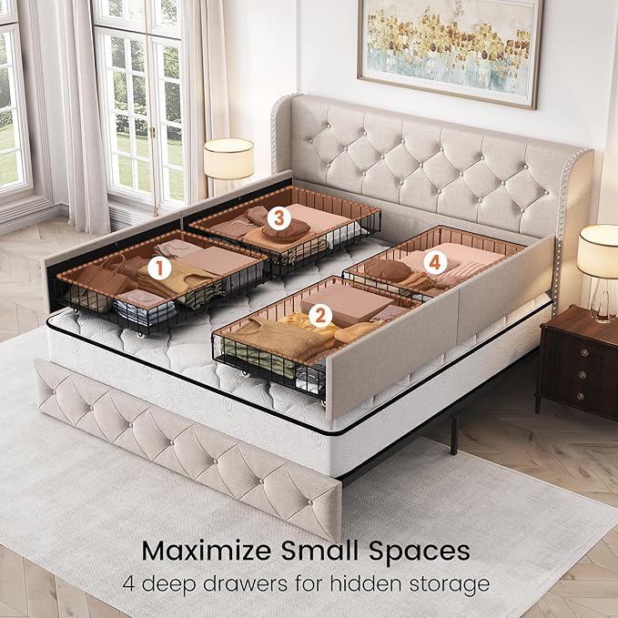 LARMACE Queen Size Bed Frame with 4 Storage Drawers and 47.2" Tall Tufted Headboard Linen Upholstered Platform Bed Frame Wingback Beds with Wooden Slats Support, Easy Assembly, Beige