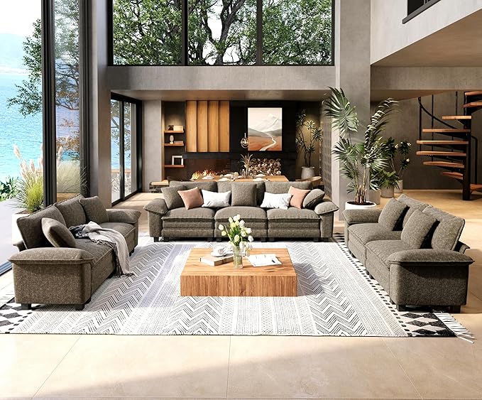 3 Piece Living Room Sofa Furniture Set, Chenille Modular 2 Loveseat and 3-Seat Couch with Wider Armrest and Pillow, 7-Seat Modern Sectional Cloud Deep Seat for Apartment, Smoky Grey