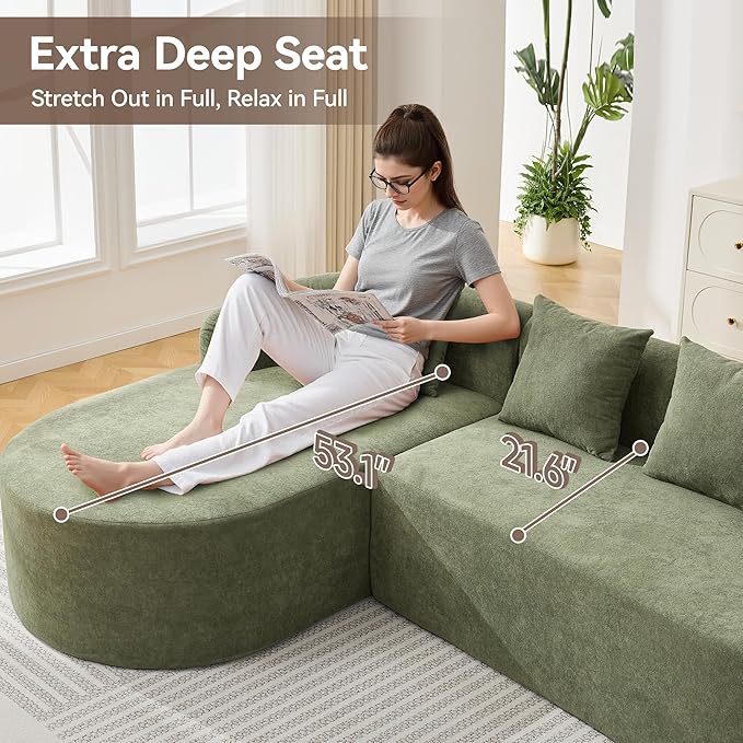105.5" Boneless Curved Couch, L Shaped 4-Seater Cloud Couch with Deep Seat Chaise, Oversized Curved Sofa, Chenille Modular Sectional Couches for Living Room, No Assembly, Green