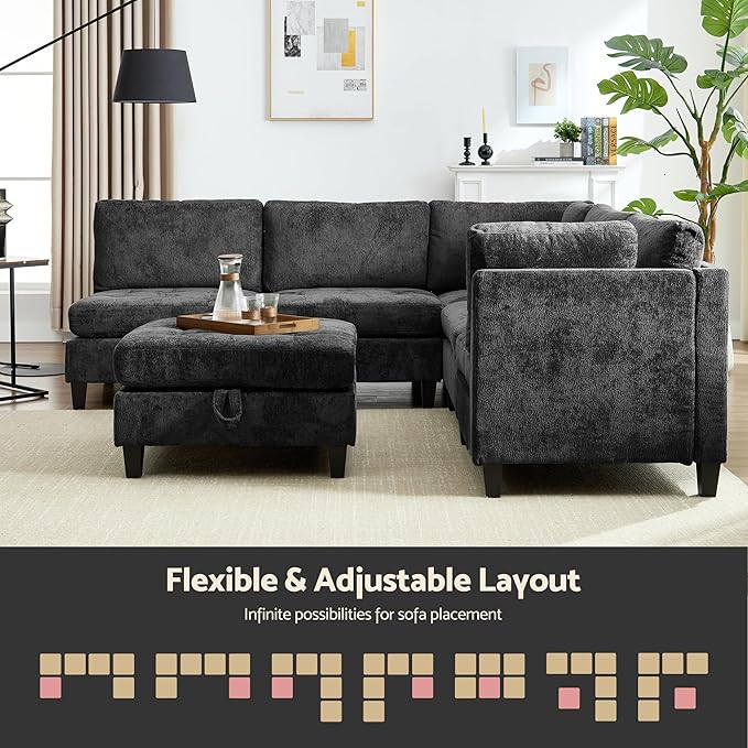 Luxe Oversized Modular Sectional Sofa, Modern Chenille Convertible Sleeper Sofa with Storage Ottoman, Comfy Deep Seat U-Shaped Cloud Couch for Living Room（Dark Grey，5-Seater + 1*Ottoman+ Tea Tray）