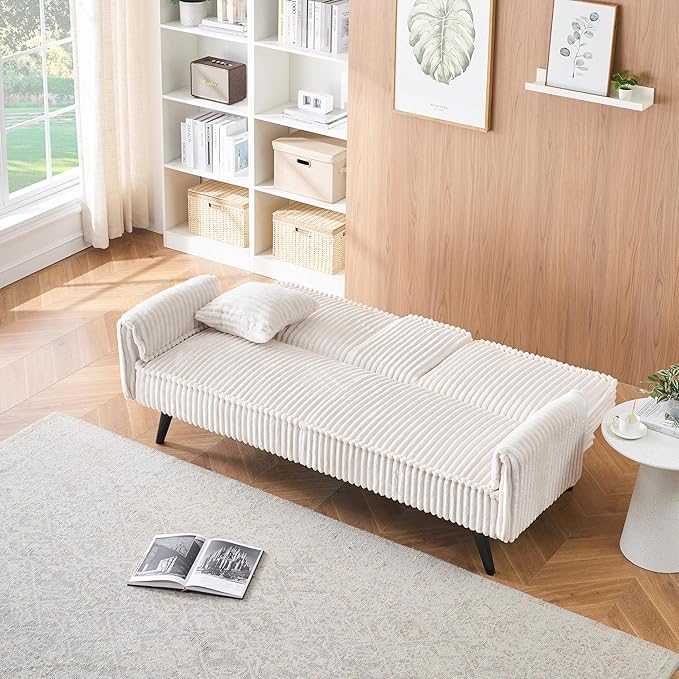 72" Convertible Sofa Bed with Foldable Cup Holder,Straight-line Corduroy Sofa,Suitable for Living Room,Bedroom,White