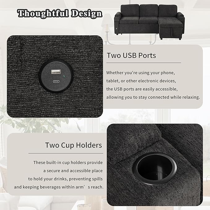 Harper & Bright Designs 83.5" L-Shaped Sofa Couch Convertible Sofa Bed Sectional Sofa with Ample Storage Space, Two Cup Holders and Two USB Ports for Living Room, Black
