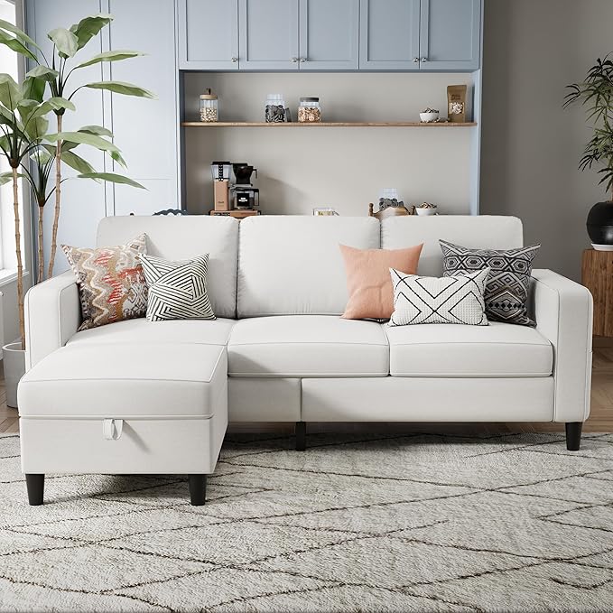 Sectional Sofa and Couches for Living Room, 78'' Beige 3 Seat L-Shaped Couch with Movable Ottoman, Comfy Linen Convertible Sectionals Sofas with Chaise for Apartment, Dorm, Small Space