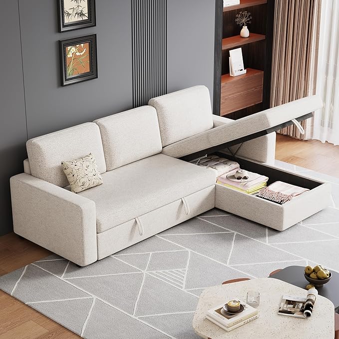 81.5" Convertible L Shaped Sleeper Sofa, 3-Seat Pull Out Sectional Couch with Storage Chaise & Removable Cushions, Chenille Fabric for Small Living Room Apartment, Beige