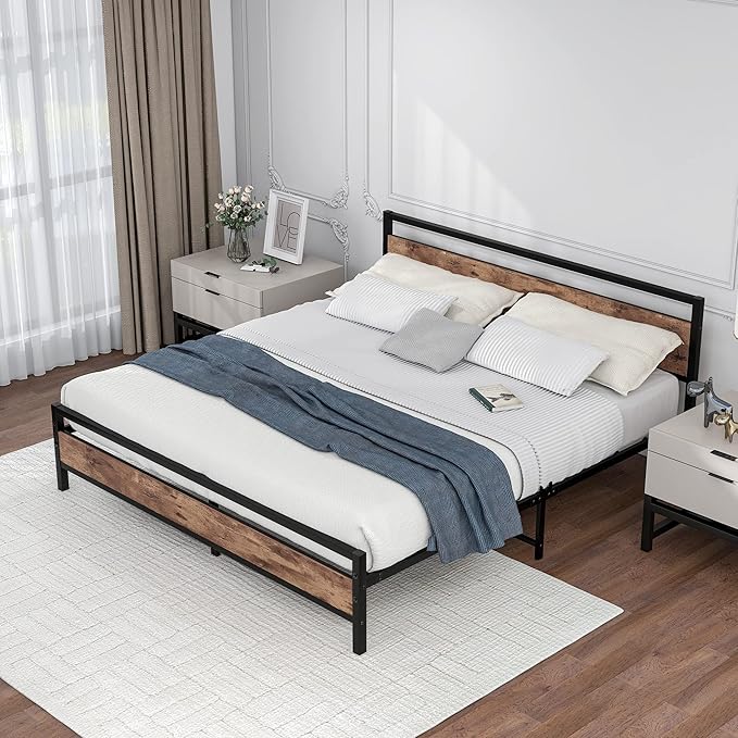 BOFENG Black King Size Bed Frame with Wood Headboard,Industrial Metal Platform Bed Frame King Size with Storage No Box Spring Needed,Strong Steel Slats Support,Easy Assembly,Vintage Brown