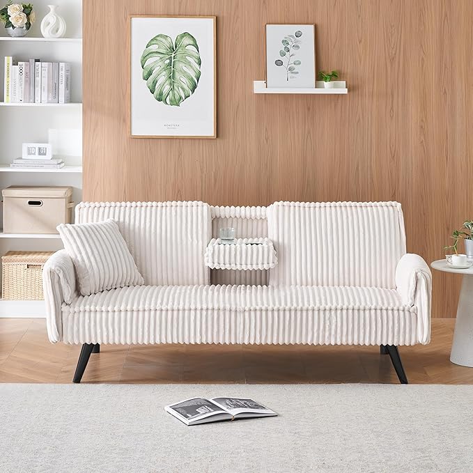 72" Convertible Sofa Bed with Foldable Cup Holder,Straight-line Corduroy Sofa,Suitable for Living Room,Bedroom,White