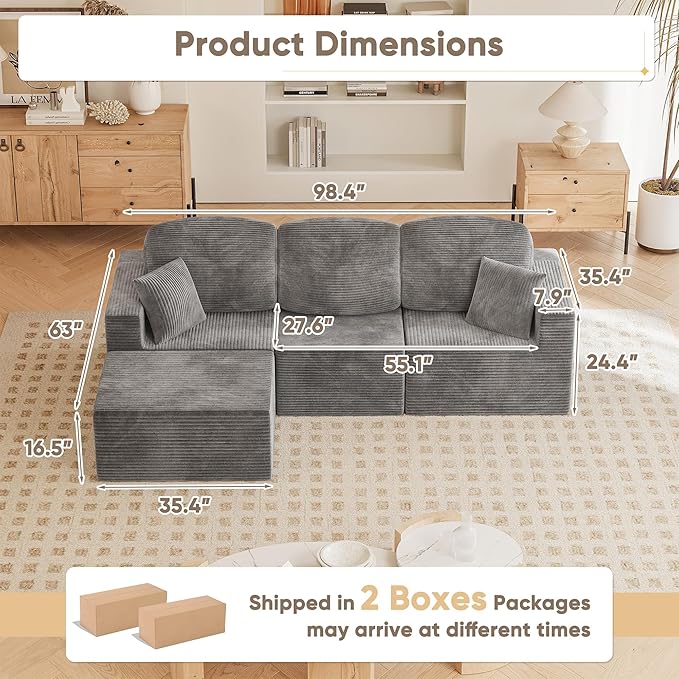 YESHOMY 98.4" Boneless Couches for Living Room, Comfy Modular Sectional Couch, Cloud Couch with Deep Seat, L-Shaped Sofa with Ottoman, Grey