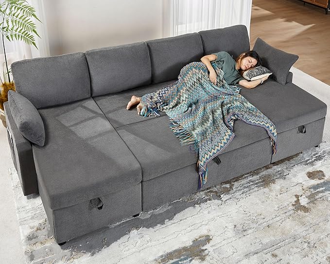 VanAcc Sleeper Sofa, 110 inch Oversize - 2 in 1 Pull Out Bed, Sectional Sleeper Sofa with Double Storage Chaise for Living Room, Grey Linen Couch