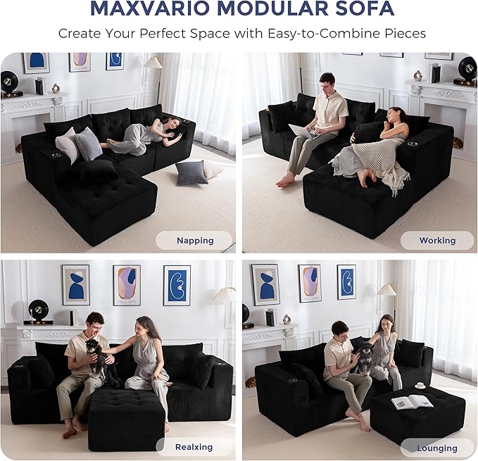 MAXYOYO Modular Sectional Sofa Couch and Chaise Lounge, L Shaped Modern Cloud Couch with Ottoman, Sofa in A Box, Tufted Boneless Sleeper Chair with Deep Seating, No Assembly Required, Black