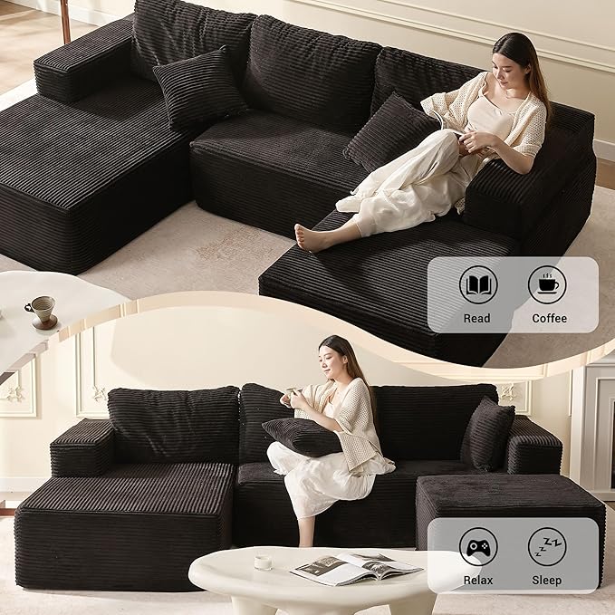 107" Boneless Couch with Deep Seat, Set of Modular Sectional Sofa, Cloud Sectional Couch for Living Room, No Assembly Required, Corduroy, U-Shape 3 Seater Left, Black