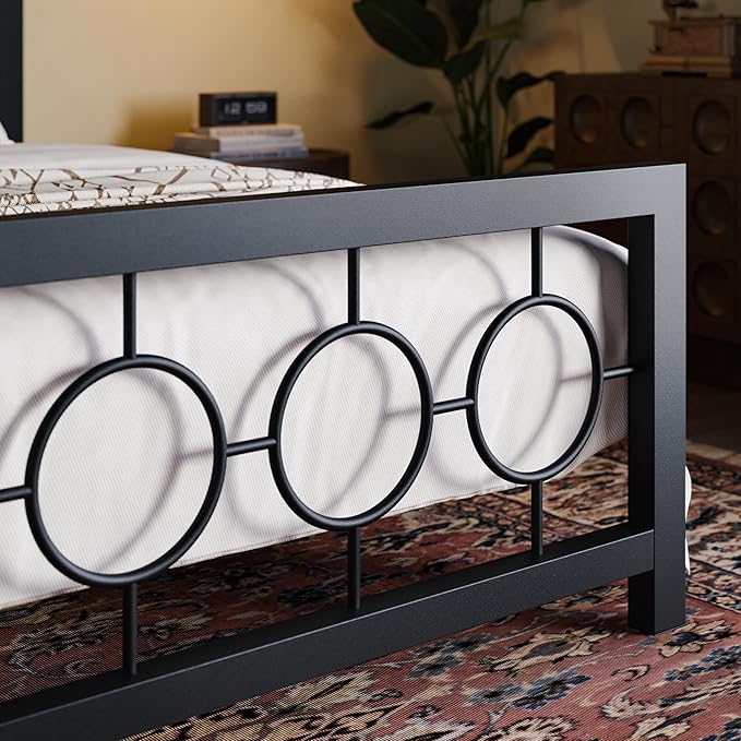 SHA CERLIN King Size Metal Bed Frame with Vintage Circular Design Headboard and Footboard,No Box Spring Required,Easy Assembly,Noise-Free,Black