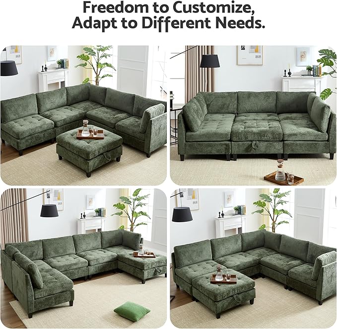 Luxe Oversized Modular Sectional Sofa, Modern Chenille Convertible Sleeper Sofa with Storage Ottoman, Comfy Deep Seat U-Shaped Cloud Couch for Living Room（Green，5-Seater + 1*Ottoman+ Tea Tray）