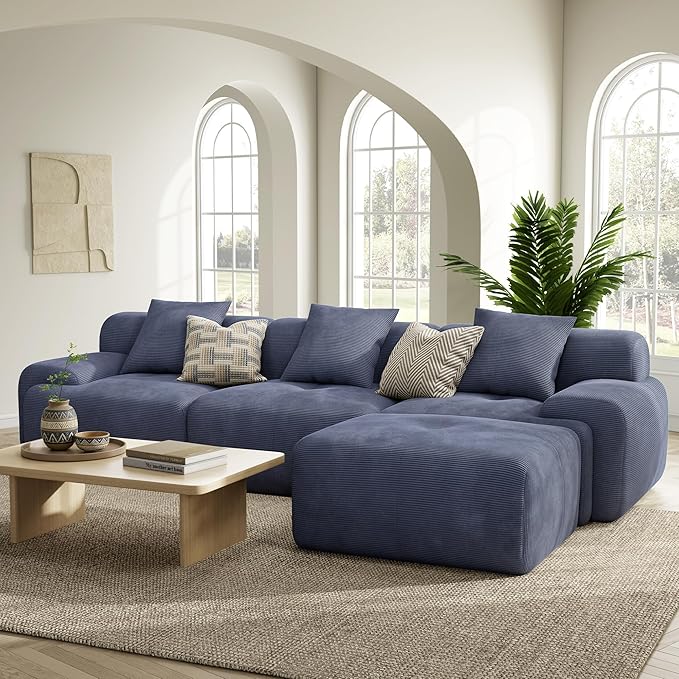 LIKIMIO LumiCord Modular Sectional Sofa with Ottoman, 118" L-Shaped Boneless Couch for Living Room, Oversized Deep Seat with Corduroy Upholstery, No Assembly Required, Navy Blue