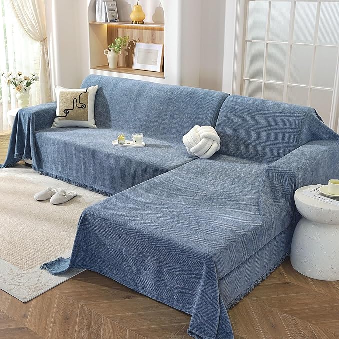 OstepDecor Sectional Couch Covers 2 Pieces, L Shaped Couch Cover Blanket, Sectional Sofa Cover Washable, Chaise Lounge Sofa Slipcovers Pet Furniture Protector for Dogs (71"x102"+71"x118", Blue)