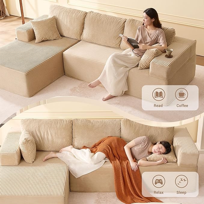 107" Boneless Couch with Deep Seat, Set of Modular Sectional Sofa, Cloud Sectional Couch for Living Room, No Assembly Required, Corduroy, L-Shape Left, Camel