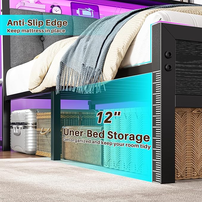 Homkdom King Size Bed Frame with Smart LED Lights, Upholstered Headboard with Charging Station Type C, Metal Platform with 12" Under-Bed &2-Tier Storage Shelves, No Sliding, Noiseless, Black