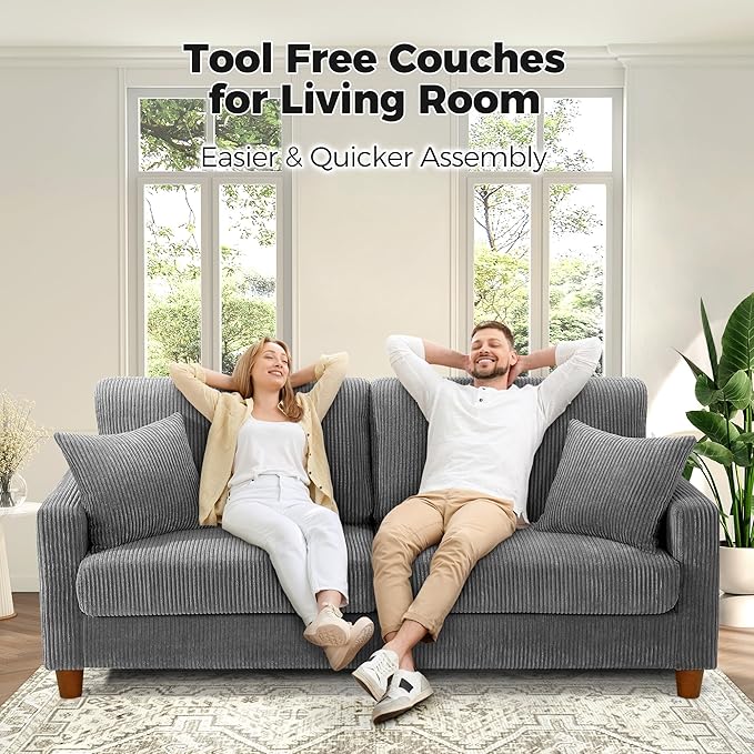 Kidirect 70in U Shaped Couch, Modular Sofa No Tool Assembly, Comfy Sectional Couches for Living Room 21in Deeper Seats, Corduroy Sofas for Living Room with 2 Pillows, Loveseat Sofa Set, Grey Couch | Comfy Corduroy, Oversized 70in Couch, 700LB Tough, To...