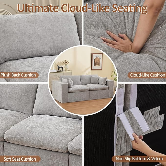 83''Cloud Boneless Sectional Couch, Modular Sectional Sofa Deep Seat, Upholstered Convertible Comfy Loveseat Chenille Memory Foam Sofa Couches for Living Room, Light Grey