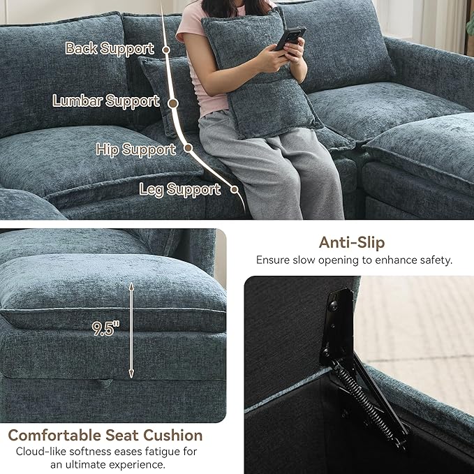 55" Cloud Modular Loveseat Sofa with Storage, Modern Upholstered Sofa Couch Small Love Seat，2 Seater Chenille Comfy Sectional Sofa with Armrests for Living Room, Small Space, Blue