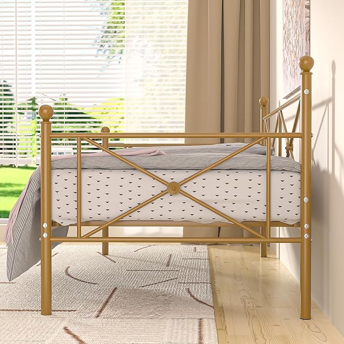 VECELO Twin Daybed Frame, Metal Day Bed with Stylish Headboard, Multifunctional Platform Beds for Bedroom, Guest Room, No Boxing Spring Needed, Golden