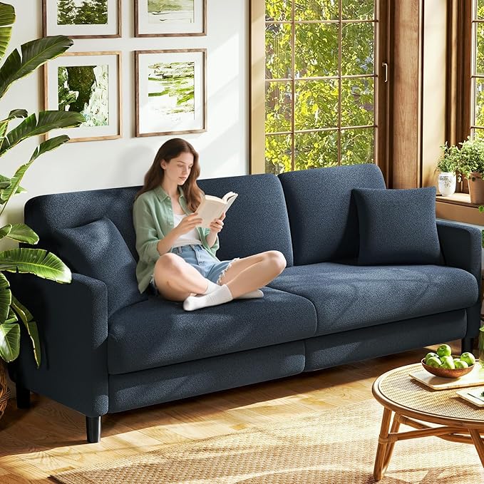 83" Couches for Living Room, Comfy Sofas for Living Room, Teddy Sofa Couch, Tool-Free Setup Loveseat Sofa, All-Wood Love Seat Couches, Small Couch 2 Pillows Included, Blue Grey