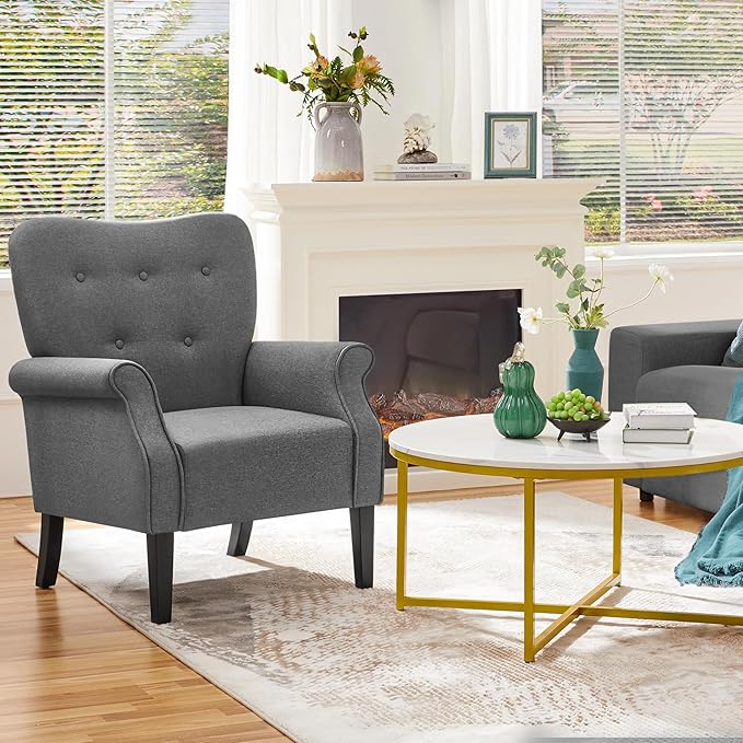 Yaheetech Modern Armchair, Mid Century Accent Chair with Sturdy Wood Legs and High Back for Small Space, Upholstered Fabric Sofa Club Chair for Living Room/Bedroom/Office, Set of 2, Dark Gray