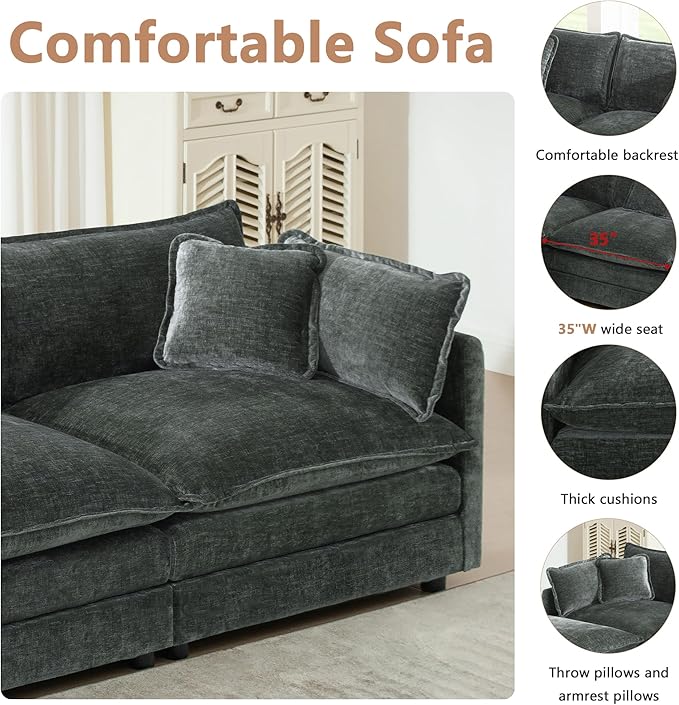 mikibama Modular Sectional Sofa, 146.5 Inch U Shaped Couch Set for Living Room, 4-Seater Comfy Cloud Couches with Two Movable Ottoman, DIY Combination, Chenille, Grey