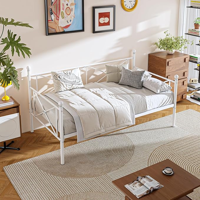 VECELO Twin Daybed Frame, Metal Day Bed with Stylish Headboard, Multifunctional Platform Beds for Bedroom, Living Room, Guest Room, No Boxing Spring Needed, Pure White
