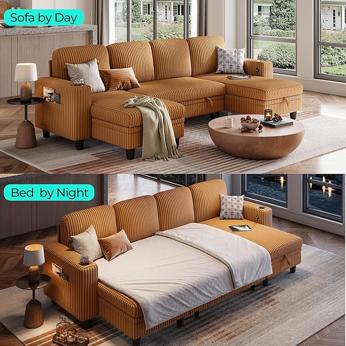 LINSY HOME Sectional Sleeper Sofa Pull Out Couches for Living Room (Brown, Sleeper Sofa 3) | Pull Out Sofa Bed, Storage, USB Charging, Cup Holders, Plush Corduroy