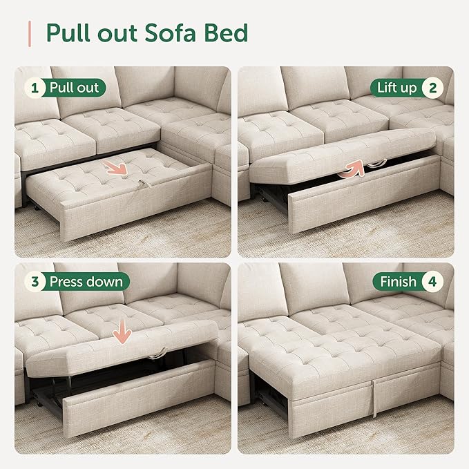 HONBAY Modular Sectional Sleeper Sofa with Pull Out Bed, Linen Convertible Sectional Couches for Living Room,Beige